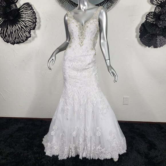 NWT~$1895~ALLURE BRIDALS~6/8~WHITE RHINESTONE MERMAID FIT & FLARE WEDDING DRESS - Picture 3 of 16
